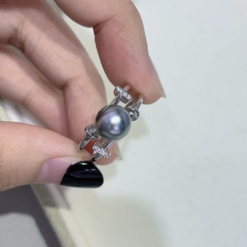 Tahitian Platinum Grey Pearl Ring | 8–9mm Round · Brilliant Luster · Adjustable S925 Silver Band