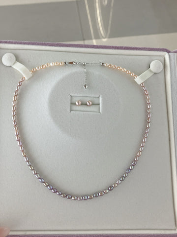 Purple Gradient Mini Pearl Set | 3–4mm Aurora Freshwater Pearl Necklace + Button Pearl Studs · S925 Silver