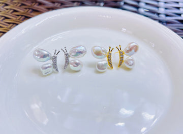 Butterfly Baroque Pearl Stud Earrings | Symbol of Freedom · S925 Sterling Silver · Natural Freshwater Design