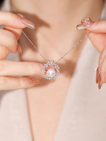 Sterling Silver Akoya Pearl Necklace | 7–8mm Saltwater Pearl · Full Zircon Pavé · Dreamy & Elegant Glow
