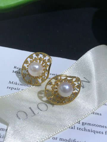 Lace-Style Akoya Pearl Earrings (Gold) | 6–7mm Pearls · Full S925 Silver · Fairy-Inspired Elegance