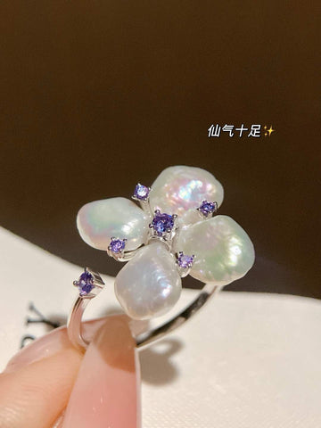 Sterling Silver “Stardust” Freshwater Pearl Ring | Adjustable Open Design · Unique Silver Texture
