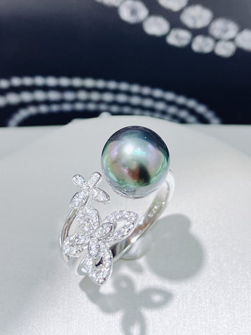 Aurora Tahitian Pearl Ring | 9–10mm Near-Round · Mirror Luster · Adjustable S925 Silver Band