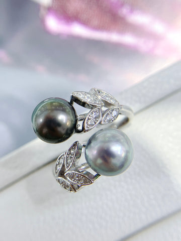 Double Pearl Ring | Tahitian & Akoya Pearls · 8–9mm · High Luster · Adjustable S925 Silver