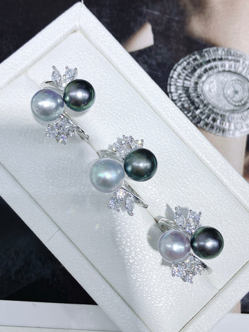 Tahitian & Akoya Double Pearl Ring | ~8mm · Near Round · High Luster · Minimal Flaws