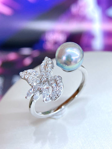 Adjustable Sterling Silver Ring with Japanese Akoya Pearl | 8–9mm · High Luster · Slightly Flawed
