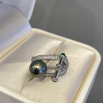 Tahitian Pearl Ring | 9–10mm · Near Flawless · Oil-Sheen Luster · Green Accent · Vintage Style