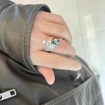 Feather Design Tahitian Pearl Ring | ~9mm · Peacock Green Luster · Near Flawless · Adjustable S925 Sterling Silver
