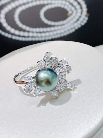 Tahitian Firework Ring | 9–10mm · Near Round · Mirror-Like Iridescence · Adjustable S925 Sterling Silver