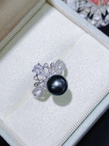 Crown Design Tahitian Pearl Ring | Adjustable · S925 Sterling Silver · Black Pearl