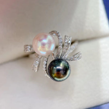 Tahitian Double Pearl Ring | 8mm · Near Round · Strong Luster · Minor Blemishes