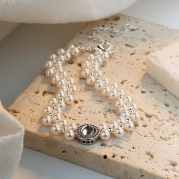 Freshwater Pearl & Aquamarine Bracelet | Handmade · Round Pearls · S925 Adjustable Chain