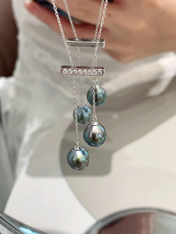 Tahitian Double Pearl Pendant | 9–10mm · Near Round · Minimal to Slight Blemishes · S925 Sterling Silver with 18K White Gold Plating