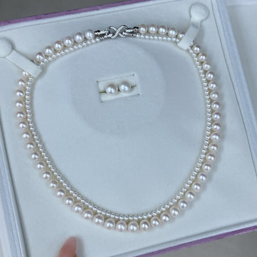Freshwater Pearl Double-Layer Necklace Set | 3–4mm & 7–8mm · Near Round · Strong Luster · S925 Sterling Silver Clasp · Detachable · No Sud Earrings