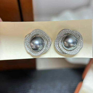 Tahitian Pearl Rose Earrings | 9–10mm · Platinum Gray Aurora · Near Round · Subtle Blemishes · S925 Sterling Silver