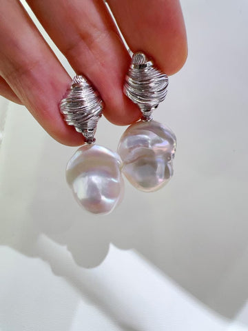 Baroque Freshwater Pearl Earrings | Brushed Finish · S925 Sterling Silver