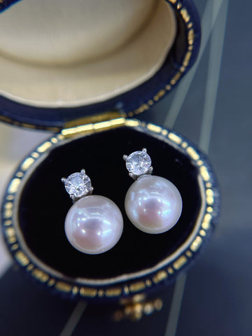 Freshwater Pearl Stud Earrings | 11.9–13mm · Near Round · Zircon Accents · S925 Sterling Silver
