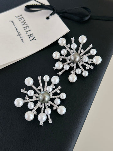 Tahitian & Freshwater Pearl Earrings | ~9mm · Snowflake Design · Graduated Sizes · S925 Sterling Silver