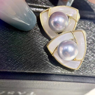 Akoya Pearl Earrings with Mother-of-Pearl Triangle Design | 6–7mm · Saltwater Pearls · S925 Sterling Silver