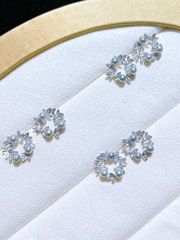 Akoya Pearl Earrings with Olive Leaf Design | S925 Sterling Silver · Zircon Accents
