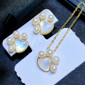 Cat Paw Pearl Jewelry Set (Pendant & Earrings Only, No Chain) | 3–4mm Akoya Pearls · Round · Strong Luster · S925 Sterling Silver