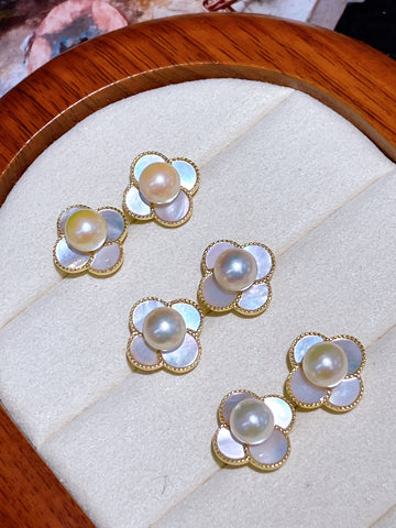 Clover Pearl Earrings | ~6mm Akoya Pearls · Round · Slightly Blemished · S925 Sterling Silver & Shell Design