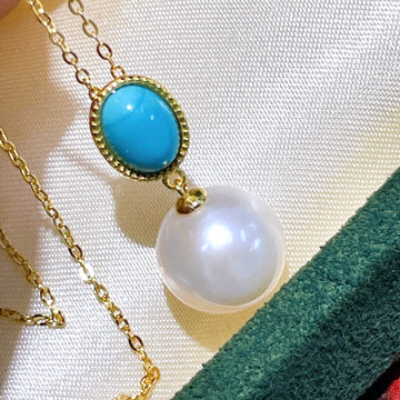 Freshwater Pearl Pendant with Turquoise Accent | 11–12mm · Near Round · Gold-Plated S925 Silver (No Chain)