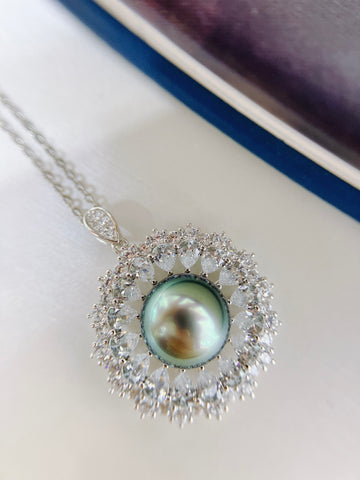 Tahitian Pearl Necklace | 11.2mm · Peacock Green · Near Round · Almost Flawless · Strong Luster · Zircon & S925 Sterling Silver