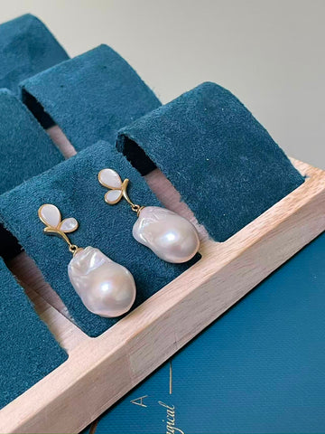 White Baroque Pearl Drop Earrings | 12–13×18–19mm · Super Strong Luster · S925 Sterling Silver · Shell Inlay · Dual-Tone Design