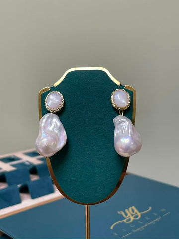 White Baroque Pearl Drop Earrings | 12–13×25–26mm · Super Strong Luster · Gold-Plated Metal · Shell Inlay