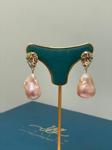 Champagne Baroque Pearl Drop Earrings | 12–13×22–23mm · Iridescent Glow · Gold-Plated Setting