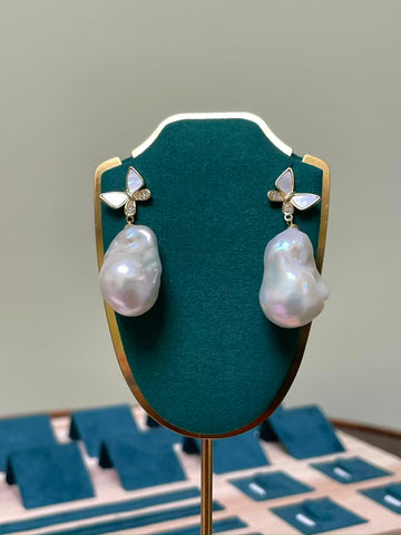 Baroque Pearl Butterfly Drop Earrings | 13–14×25–26mm · Iridescent Glow · S925 Sterling Silver · Shell & Zircon Accents