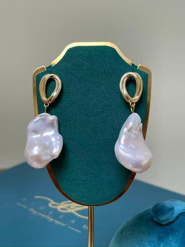 White Baroque Pearl Drop Earrings | 9–14×26–27mm · Super Strong Luster · Gold-Plated Metal · Abstract Hoop Design