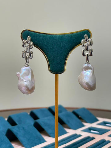 White Baroque Pearl Drop Earrings | 13×22mm · Super Strong Luster · S925 Sterling Silver · Dual-Tone Design