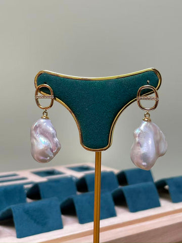 White Baroque Pearl Drop Earrings | 12×21mm · Super Strong Luster · S925 Sterling Silver · Dual-Tone Design