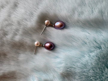 Double Pearl Drop Earrings | White & Purple Freshwater Pearls · 5mm & 8–9mm · Elegant 20mm Length