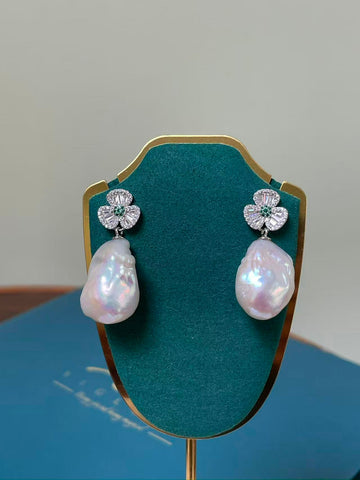 White Baroque Pearl Drop Earrings | 13–14×21–24mm · Super Strong Luster · S925 Sterling Silver · White & Green Zircon Accents