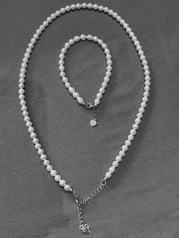 Freshwater Pearl Necklace & Bracelet Set | 5–5.5mm Oval-Round Pearls · S925 Silver Extender Clasp · Coordinated Elegance