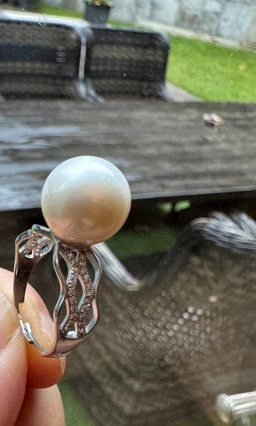 Freshwater Pearl Ring | 12.1mm · Round · Adjustable · Zircon-Set 925 Sterling Silver