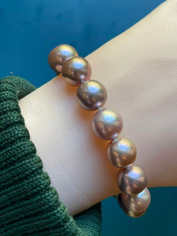 Freshwater Pearl Bracelet | 9.8–10.6mm · Rare Copper-Purple Hue · Nearly Round · S925 Sterling Silver