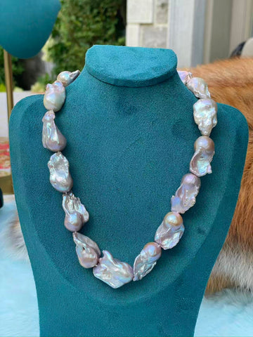 Baroque Freshwater Pearl Necklace | 44–45cm · 15 Pearls · Champagne-Lavender Iridescence · 18–30mm · Rectangular Zircon Clasp