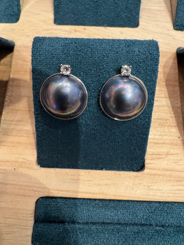 Mabe Pearl Earrings | 14.5–17.1mm · Deep Blue · Zircon Accents · S925 Sterling Silver