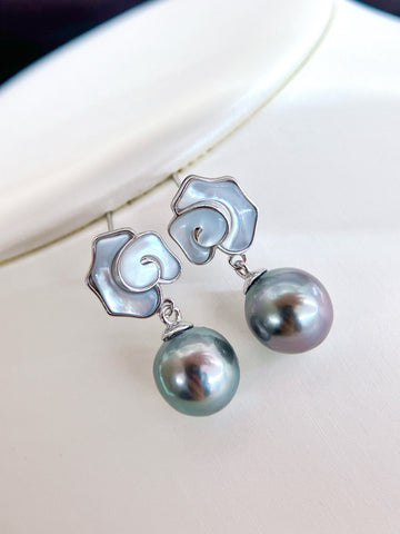 Tahitian Pearl Drop Earrings | 7–9mm Oval · Gray with Green Overtone · Mother-of-Pearl Rose · 2cm Length · S925 Sterling Silver