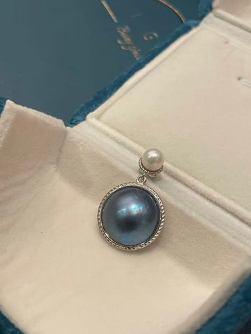 Sea Blue Mabe Pearl Pendant | 22mm · 15–16mm Blue Mabe Pearl · 5–6mm Near-Round Pearl · 925 Silver Bezel