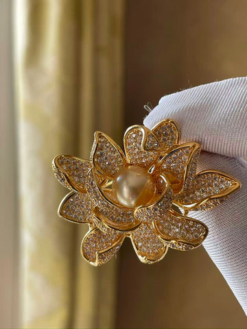 South Sea Golden Pearl Lotus Brooch | 9–10mm · Near-Round · Smooth Silky Surface · Strong High Luster · Zircon & Alloy Setting