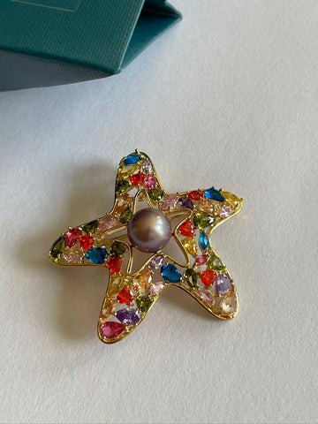 Freshwater Purple Pearl Starfish Brooch | 9.6mm · Round · Fine Surface & Strong Luster · Multi-Color Zircon & Alloy Setting
