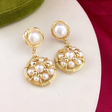 Freshwater Pearl Handwoven Drop Earrings | 7×10mm & 6–7mm Button Pearls · Surrounding Accent Pearls · 4.5cm Length · Intricate Craftsmanship