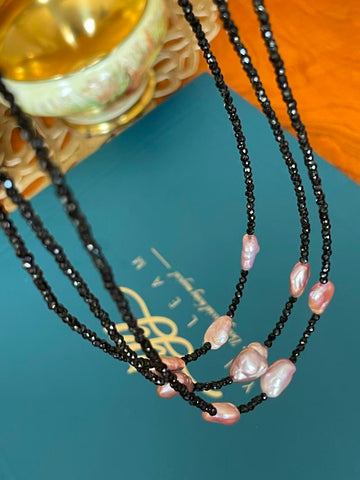 Freshwater Purple Pearl & Spinel Necklace | 3 Pearls · 4×7×10mm · Silky Texture · Iridescent Glow · 41cm Length · Adjustable S925 Clasp · Random Shipment