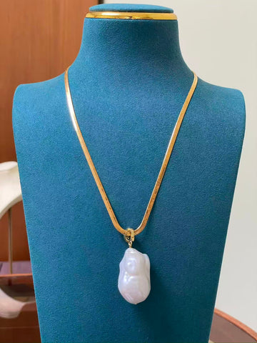 Freshwater Baroque Pearl Pendant Necklace | 18×30mm Large White Pearl · Iridescent Glow · Thick Nacre · Universal Clasp Design · Snake-Bone Chain · 48cm Length