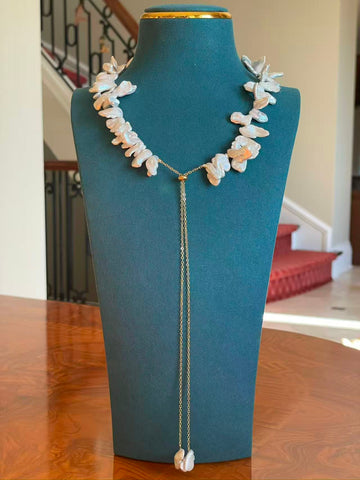 Freshwater Petal Pearl Long Necklace | 59 Pearls · 3×8×20mm · Irregular Petal Shape · Exceptional Luster · Anti-Tarnish Alloy · Adjustable · 80cm Length